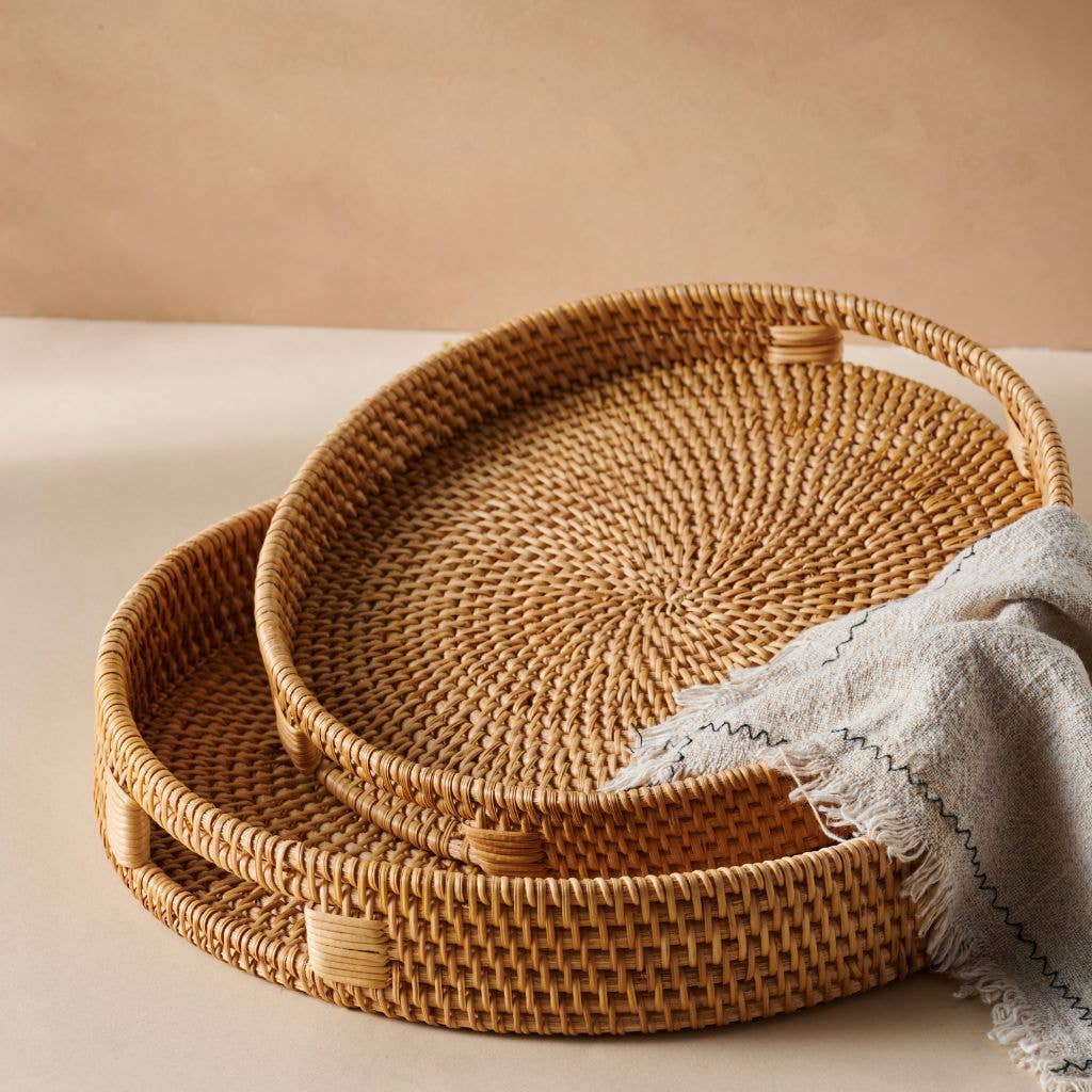 Rattan Trays - Round Hand Woven Wicker Serving Tray Decor: Natural Honey / 30cm / 12"