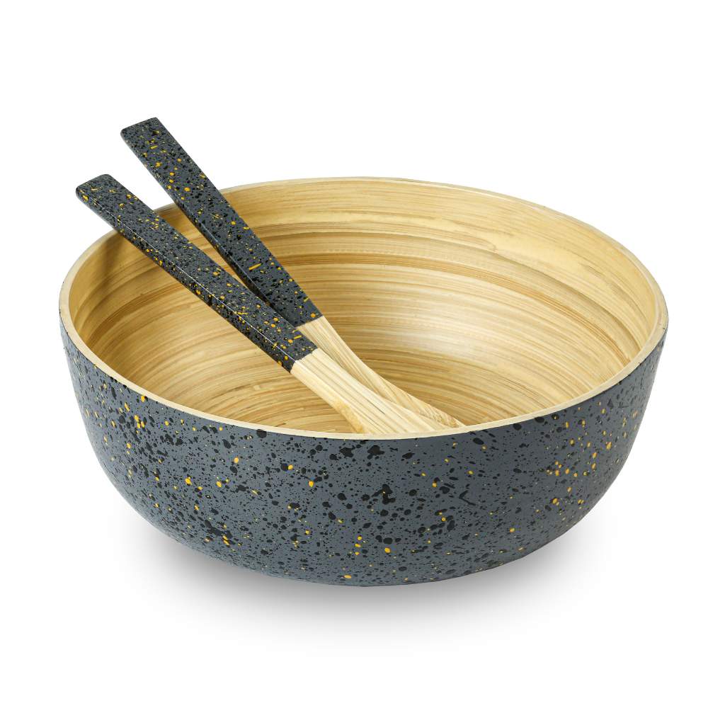 Bamboo Salad Server Set | Wooden Salad Tongs (Unboxed): Dark grey