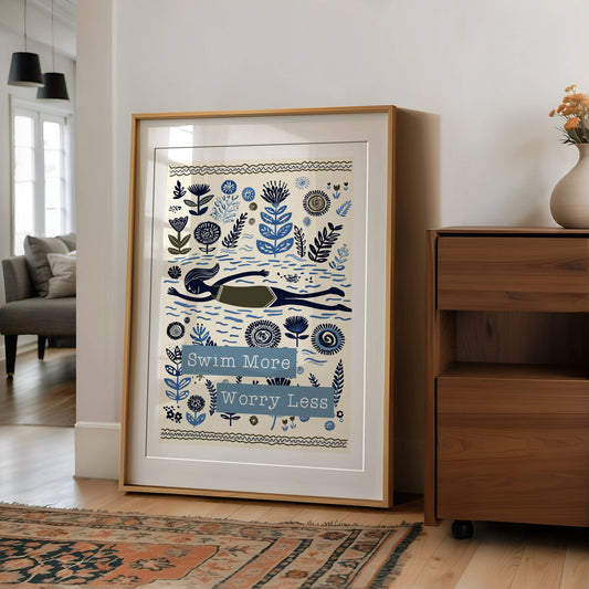 Swim Wild Folksy Print: Sky Blue / A3