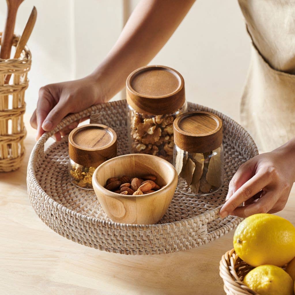 Rattan Trays - Round Hand Woven Wicker Serving Tray Decor: Natural Honey / 30cm / 12"
