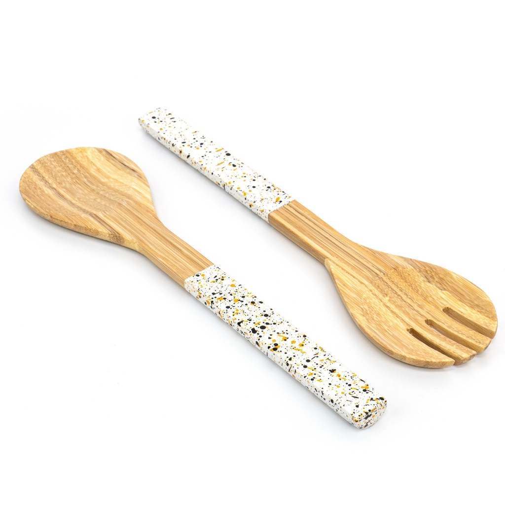 Bamboo Salad Server Set | Wooden Salad Tongs (Unboxed): Dark grey