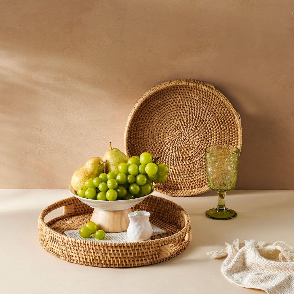 Rattan Trays - Round Hand Woven Wicker Serving Tray Decor: Natural Honey / 30cm / 12"