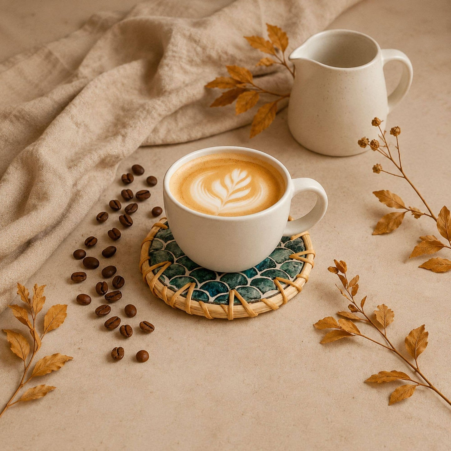 Drinks Coasters - Natural Round Kitchen Coaster (Set of 6): Cascade