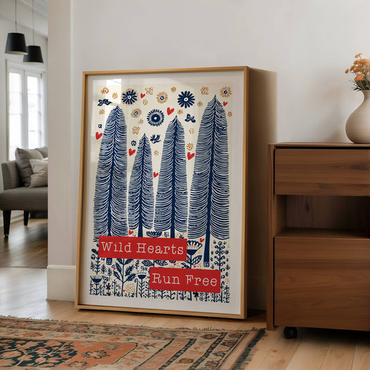 Wild Hearts Run Free Folksy Print: A3