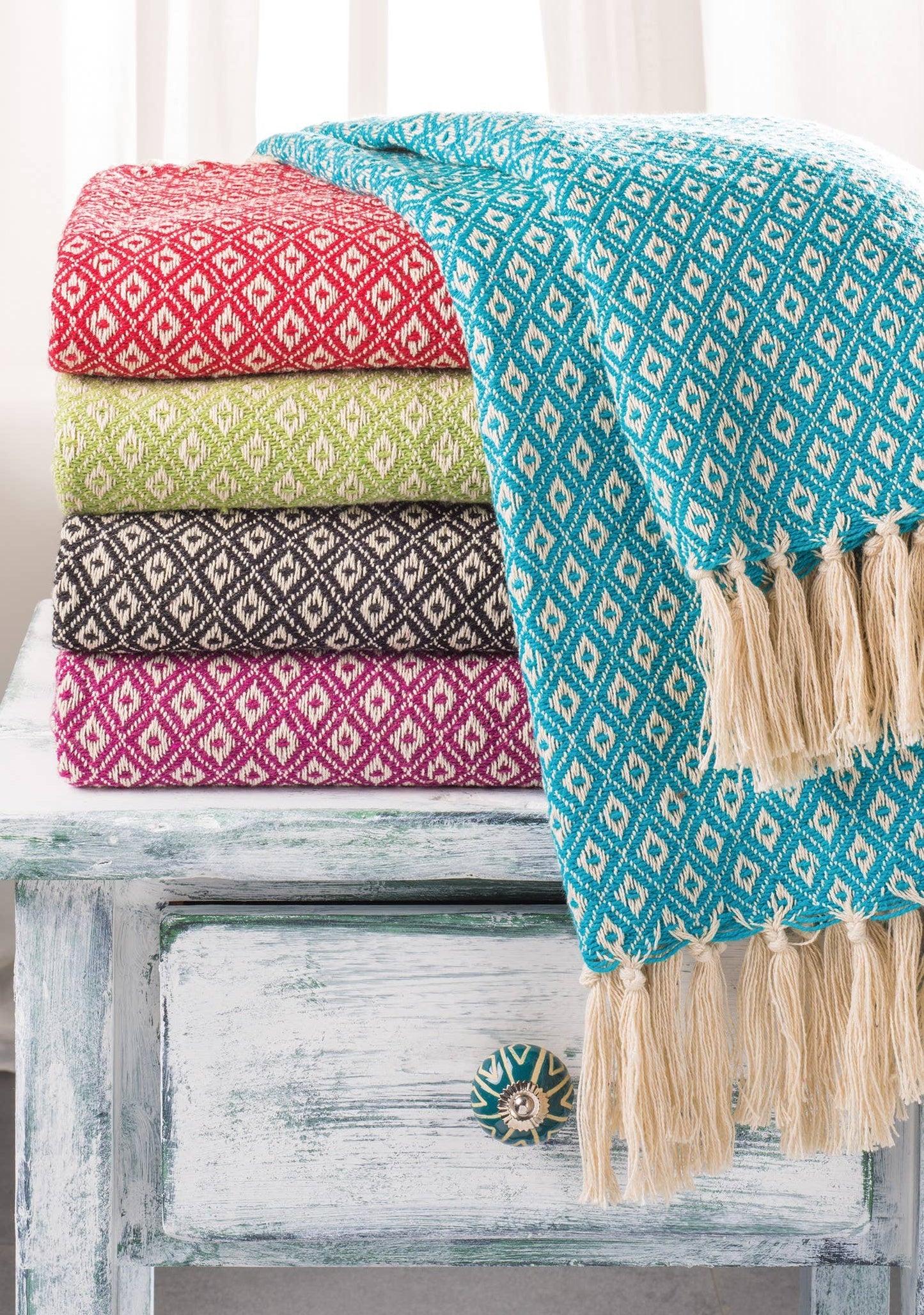 Diamond Weave Cotton Handloom Throw: Turquoise(TQ)