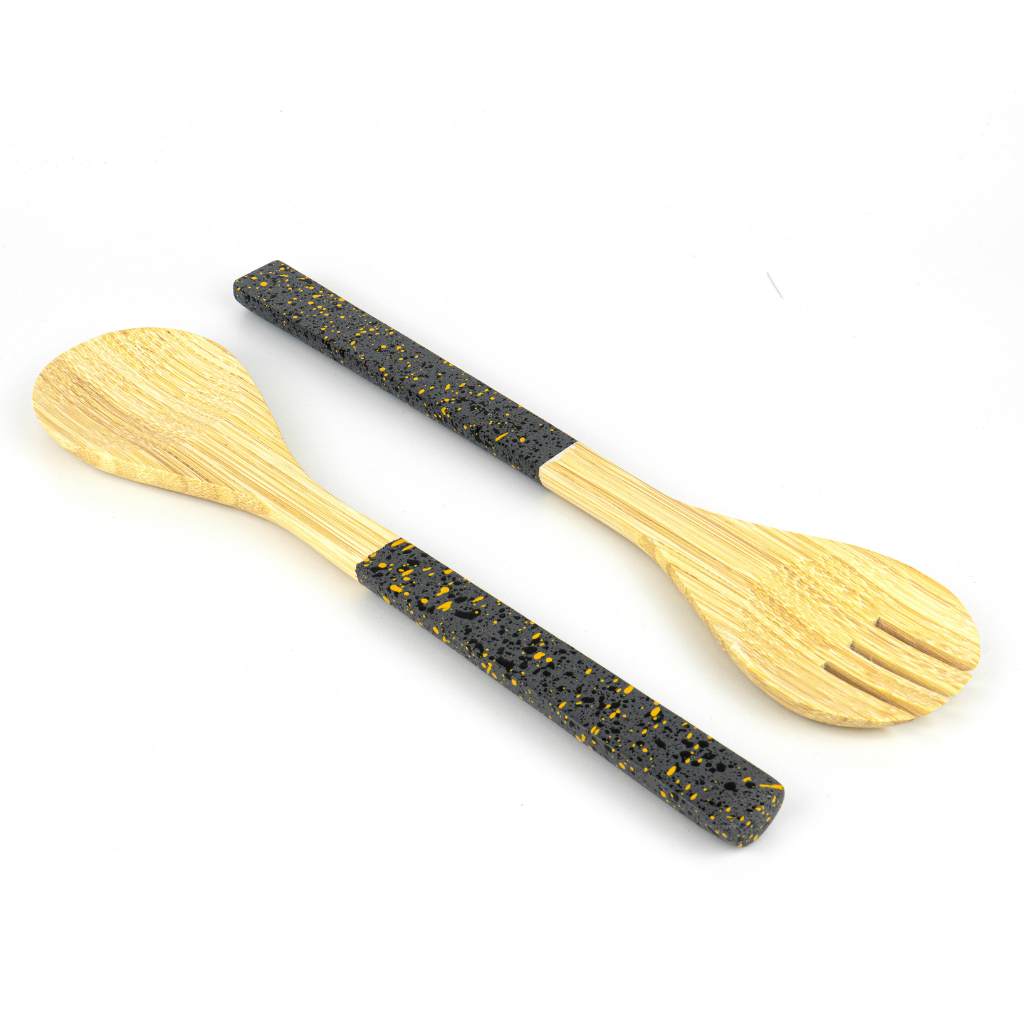 Bamboo Salad Server Set | Wooden Salad Tongs (Unboxed): Dark grey