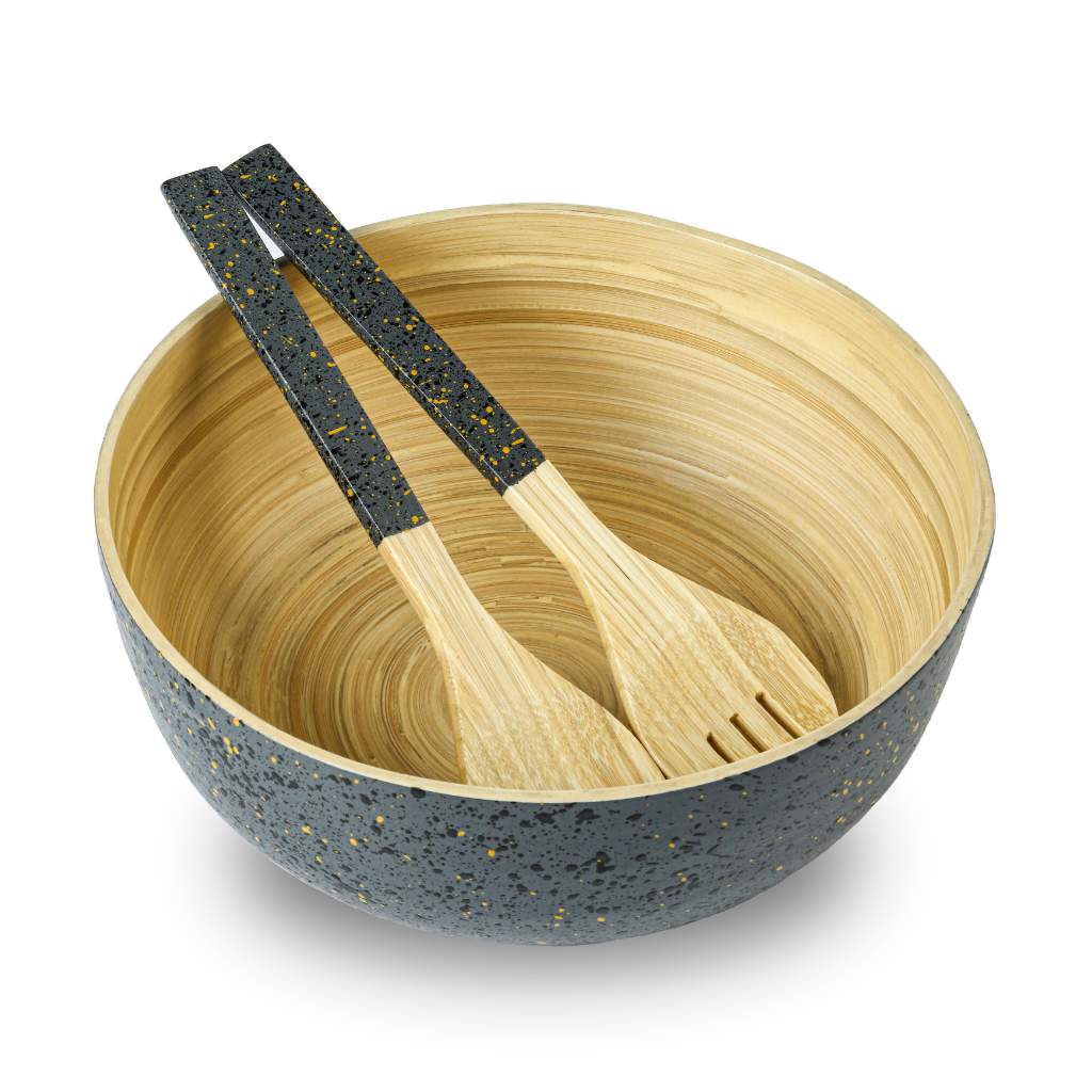 Bamboo Salad Server Set | Wooden Salad Tongs (Unboxed): Dark grey